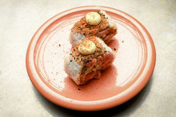 The go-to dish: Spicy tuna rolls come with a slightly Brazilian-influenced saffron topping.