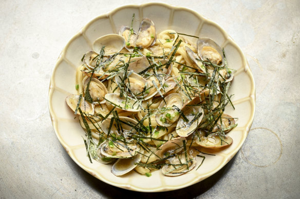 Udon with pipis and seaweed butter: a rich, salty masterpiece of fresh seafood and chewy noodles. 