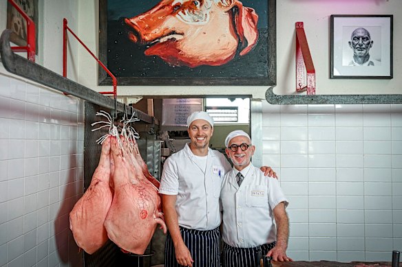 Donati’s Fine Meats owner Leo Donati and son Marcello in their Lygon Street shop.