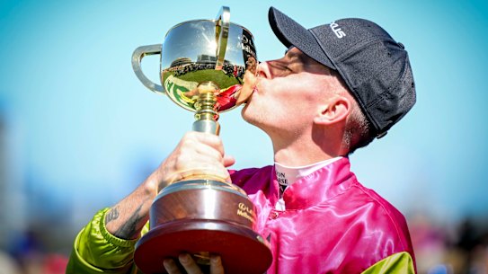 Robbie Dolan celebrates his Melbourne Cup winning ride on Knight’s Choice.