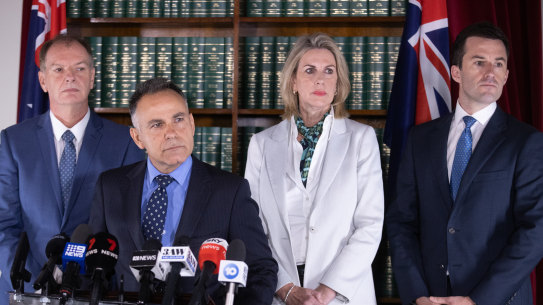 Opposition Leader John Pesutto with his leadership team, from left: David Southwick, Georgie Crozier and Matt Bach.