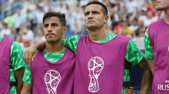Daniel Arzani with Socceroos legend Tim Cahill at the 2018 World Cup.