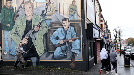 A loyalist mural is seen on a wall in west Belfast, Northern Ireland.