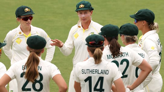 Meg Lanning speaks to her team during the women’s Ashes Test in Canberra this year.
