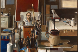 Evan Salmon’s Studio interior, reflection (self-portrait).