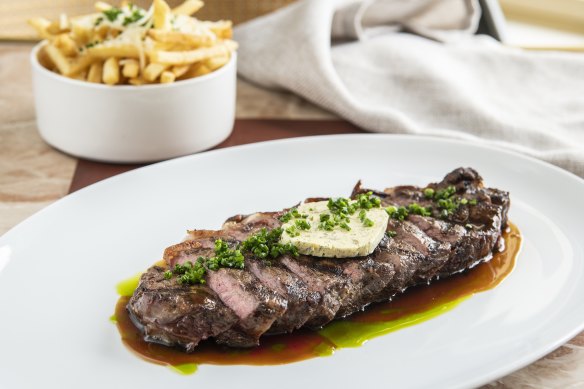 300g Riverina Angus New York cut steak frites with caper butter.
