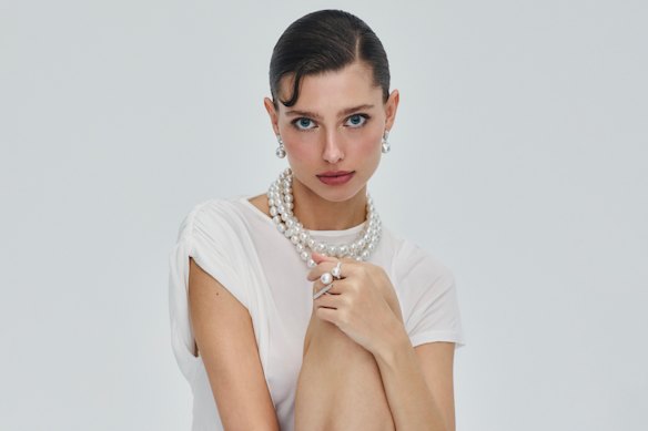 Christopher Esber “Verve” dress, $1450. Paspaley “Touchstone Pearls My Way” earrings. Paspaley “Delfini” pearl necklaces. Paspaley pearl rings.
