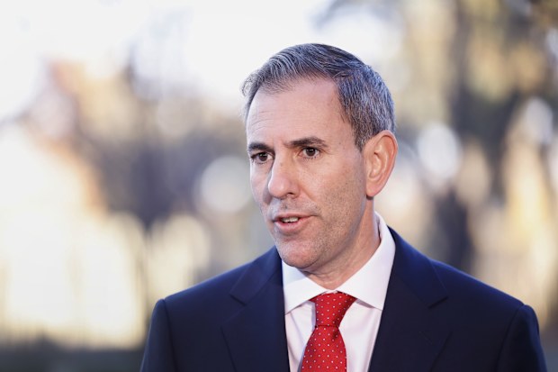 Treasurer Jim Chalmers speaks with the media on arrival to Australian Parliament House ahead of handing down the 2026 budget on May 12, 2026 in Canberra, Australia.