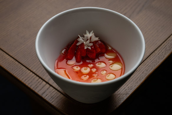 Buttermilk panna cotta with strawberries.