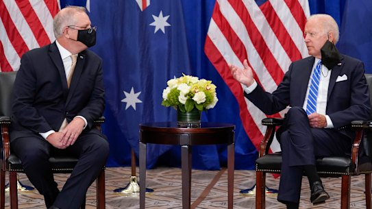 President Joe Biden meets with Australian Prime Minister Scott Morrison at the Intercontinental Barclay Hotel in New York.