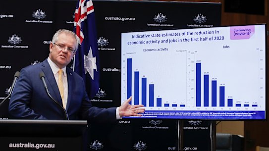 Prime Minister Scott Morrison addresses the media during a press conference on the government's response to the COVID-19 coronavirus pandemic, at Parliament House in Canberra on Tuesday 5 May 2020. fedpol Photo: Alex Ellinghausen