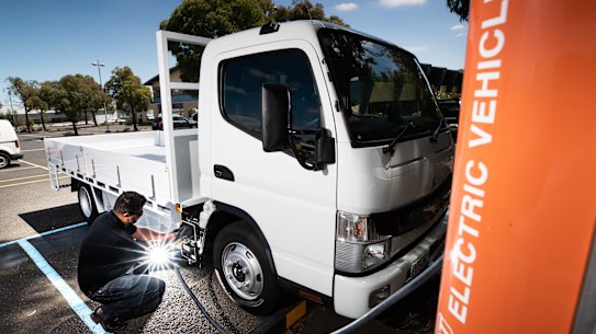 The Fuso eCanter light duty delivery truck. The manufacturer says its quiet and clean engine makes it well suited to urban deliveries.  