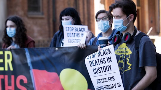 Black Lives Matter supporters outside the NSW Supreme Court on Thursday.