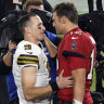 ampa Bay Buccaneers quarterback Tom Brady (12) congratulates New Orleans Saints quarterback Drew Brees (9) after an NFL football game Sunday, Nov. 8, 2020, in Tampa, Fla. (AP Photo/Jason Behnken)