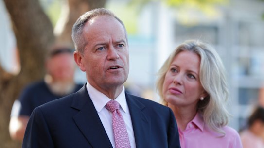 Opposition Leader Bill Shorten with his wife Chloe on election day.