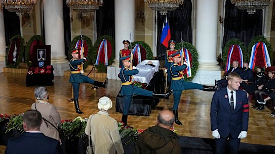 Honour guards march by the coffin of former Soviet President Mikhail Gorbachev.