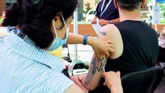 A man receives a monkeypox vaccine at a clinic in Montreal, Canada, on the weekend. Australia is yet to announce a similar program.
