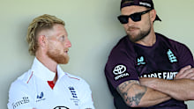 Brendon McCullum (right) with then-English captain Ben Stokes after the Ashes Test in Perth last summer.