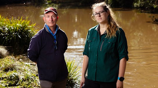 Professor Ian Wright and PhD candidate Katherine Warwick by the Wingecarribee River near Berrima sewage outfall, a known hotspot for platypus.