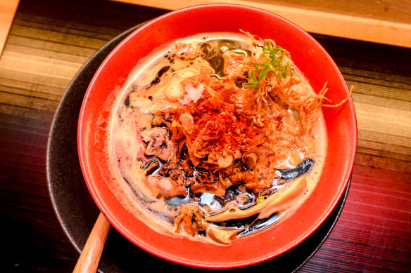 The garlic knockout ramen has six kinds of fried and roasted and otherwise fussed-over garlic. 