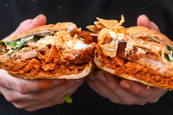 Chicken milanesa (schnitzel) chilaquiles torta.