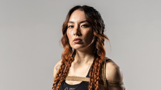 SMH. ARTS. BRISBANE. VIVID. Jaguar Jonze, one of the most outspoken figures in the #MeToo movement in Australia, rehearses in a studio in Brisbane ahead of her performance at Vivid LIVE - a work that utilises shibari (Japanese bondage) and performance. Photo by Paul Harris. Wednesday 17 May 2023 .