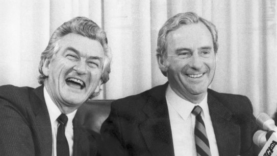 Bob Hawke shakes hands with Bill Hayden after he unsuccessfully challenged Hayden for the leadership.
