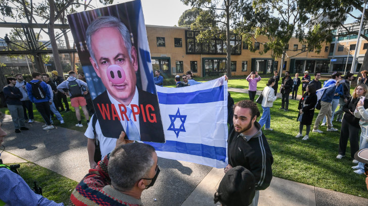 Jewish counter-protesters confront a pro-Palestinian rally the Monash University encampment this month.