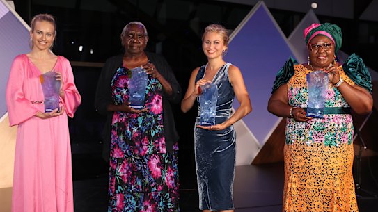 Young Australian of the Year Isobel Marshall, Senior Australian of the Year Dr Miriam-Rose Ungunmerr Baumann, Australian of the Year Grace Tame and Local Hero Rosemary Kariuki.