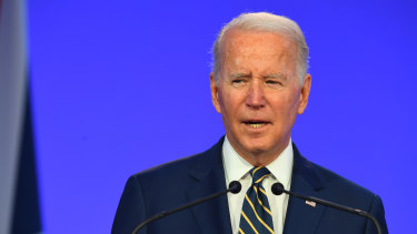 US President Joe Biden presents his national statement during day two of COP26.