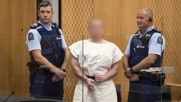 The alleged Christchurch shooter in court on Saturday morning.