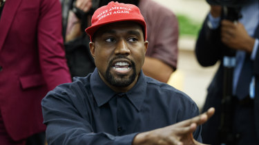 Rapper Kanye West speaks during a meeting in the Oval Office of the White House with President Donald Trump.