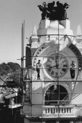 The Broadway clock tower getting a facelift in 1991.