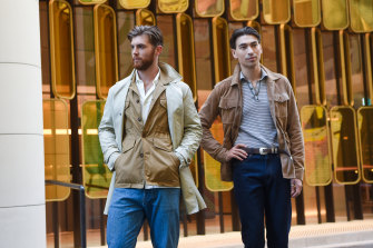 Models Sam Wines and Eric Boesten demonstrating the new work code in tailor Christian Kimber’s new denim collection.