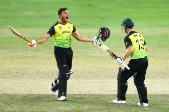 Matthew Wade and Marcus Stoinis celebrate their match-winning partnership.