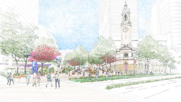 An artist's impression of a new public park planned for the North Sydney central business district.