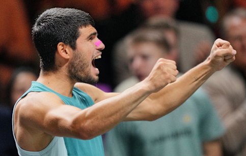 Four-time grand slam champion Alcaraz celebrates his Rotterdam title win.