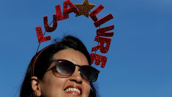 A supporter of the jailed former president  wears a "Free Lula" headpiece outside Brazil's Supreme Court in Brasilia on Thursday.