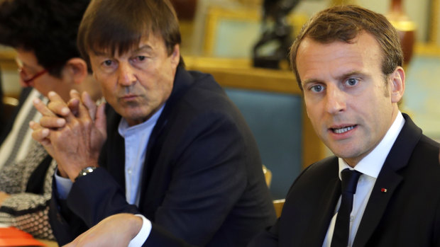 Nicolas Hulot and Emmanuel Macron meet with NGOs to discuss climate and environment at the Elysee Palace in Paris in 2017.