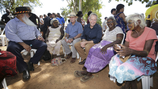 Opposition Leader Bill Shorten with Senator Pat Dodson and community members on Bathurst Island.