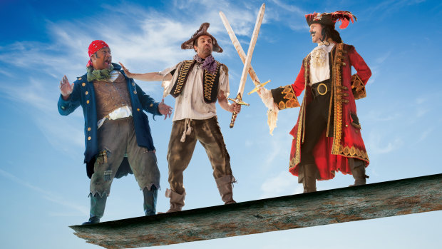 From left, Jay Laga'aia, Luke Joslin, Connor Crawford  in <i>Peter Pan Goes Wrong</i>.