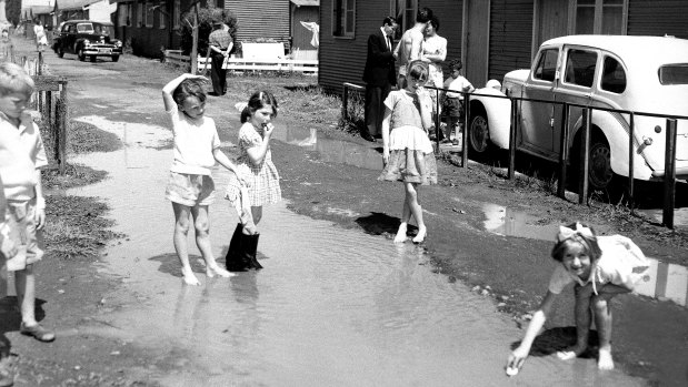 Children play in the puddles at Bradfield Park in 1958.

