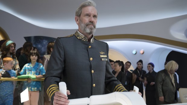 Hugh Laurie plays the captain of a residential space liner in the sci-fi spoof Avenue 5 on Foxtel.