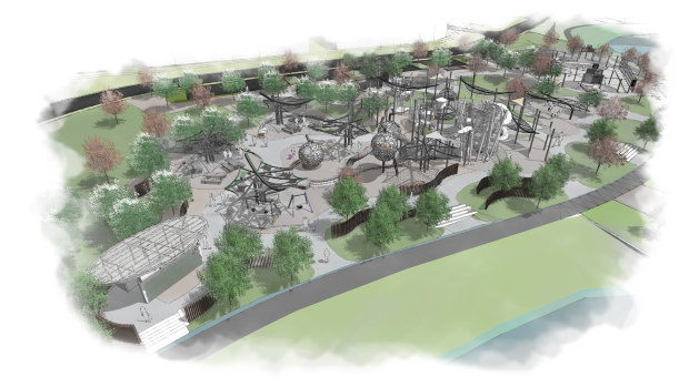 An artist's impression of the Coombs play space, which would feature unique leaf-like shades that would allow for shade in the summer and light to come through in the winter.