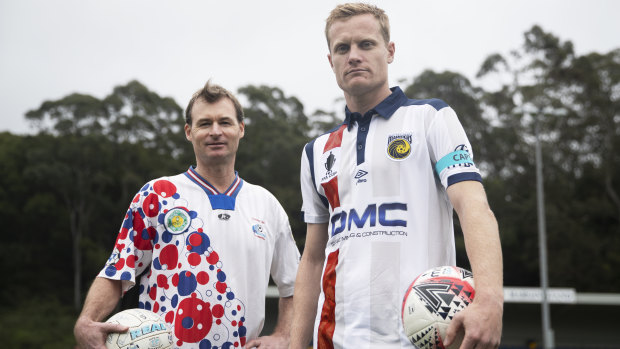 Damien Brown, wearing the infamous Coasties 'bubble kit', and Central Coast Mariners skipper Matt Simon in the club's new FFA Cup kit, which is inspired by the representative team that came before them. 