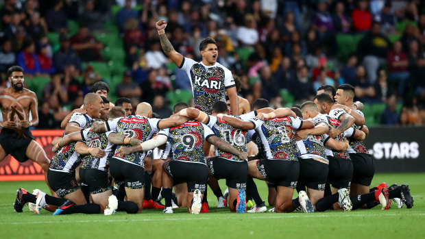 Latrell Mitchell of the Indigenous All Stars leads the Indigenous war cry in 2019.