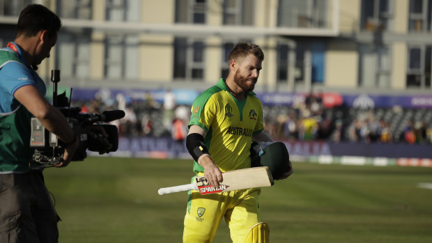 Australia's David Warner leaves the field after the Cricket World Cup match against Afghanistan.