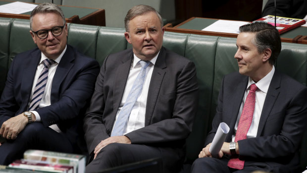 Joel Fitzgibbon, left, says jobs are more important than interim carbon targets, while Labor Leader Anthony Albanese and environment spokesman Mark Butler prepare to announce Labor's 2030 target.