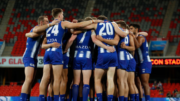 The Kangaroos huddle during the 2020 AFL Round 18 match.