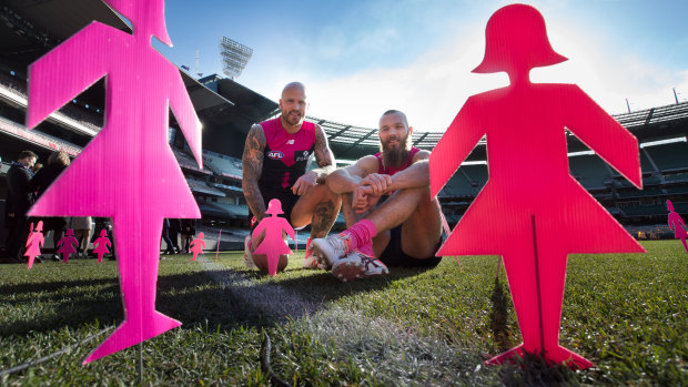 Max Gawn (right) and Nathan Jones promote this weekend's Field of Women.